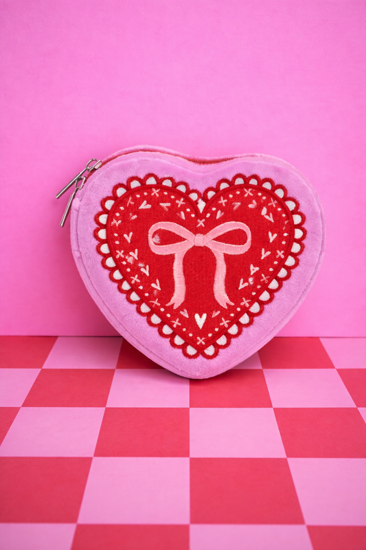 Velvet Jewelry Zip Case / Organizer - Heart Shaped w/ Bow